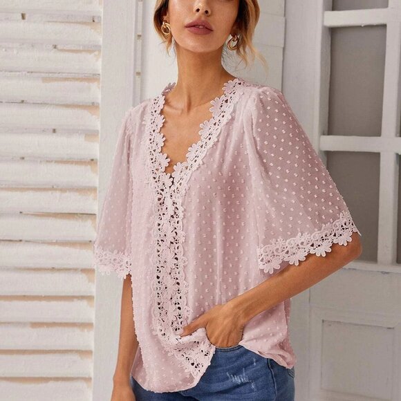 ⭐️2 FOR $20⭐️ Shein Swiss Dot Guipure Lace Panel Blouse Baby Pink Medium/6 - Picture 3 of 10
